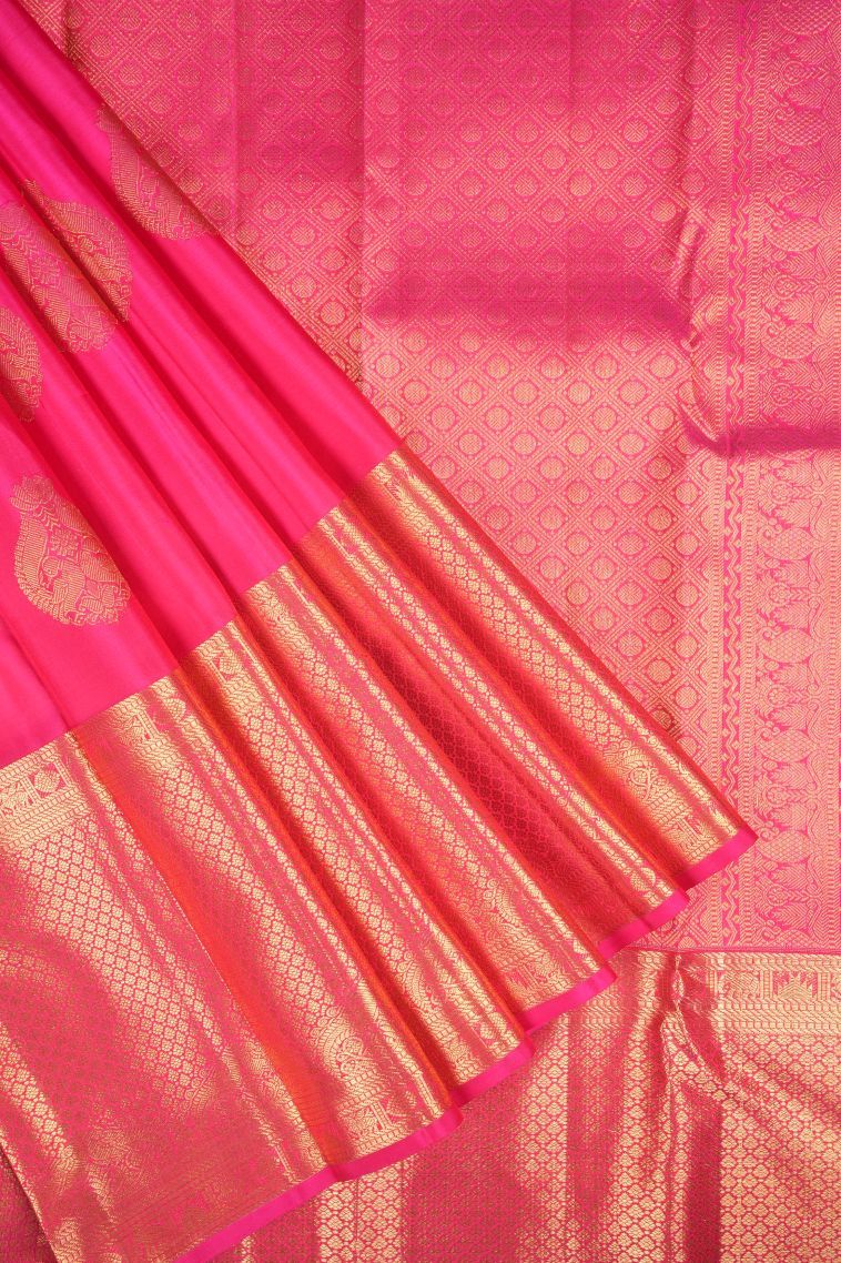 Fuscia Pink Kanchipuram Silk Sarees with Gold Zari Peacock Motifs view 1