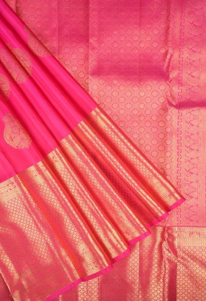 Fuscia Pink Kanchipuram Silk Sarees with Gold Zari Peacock Motifs