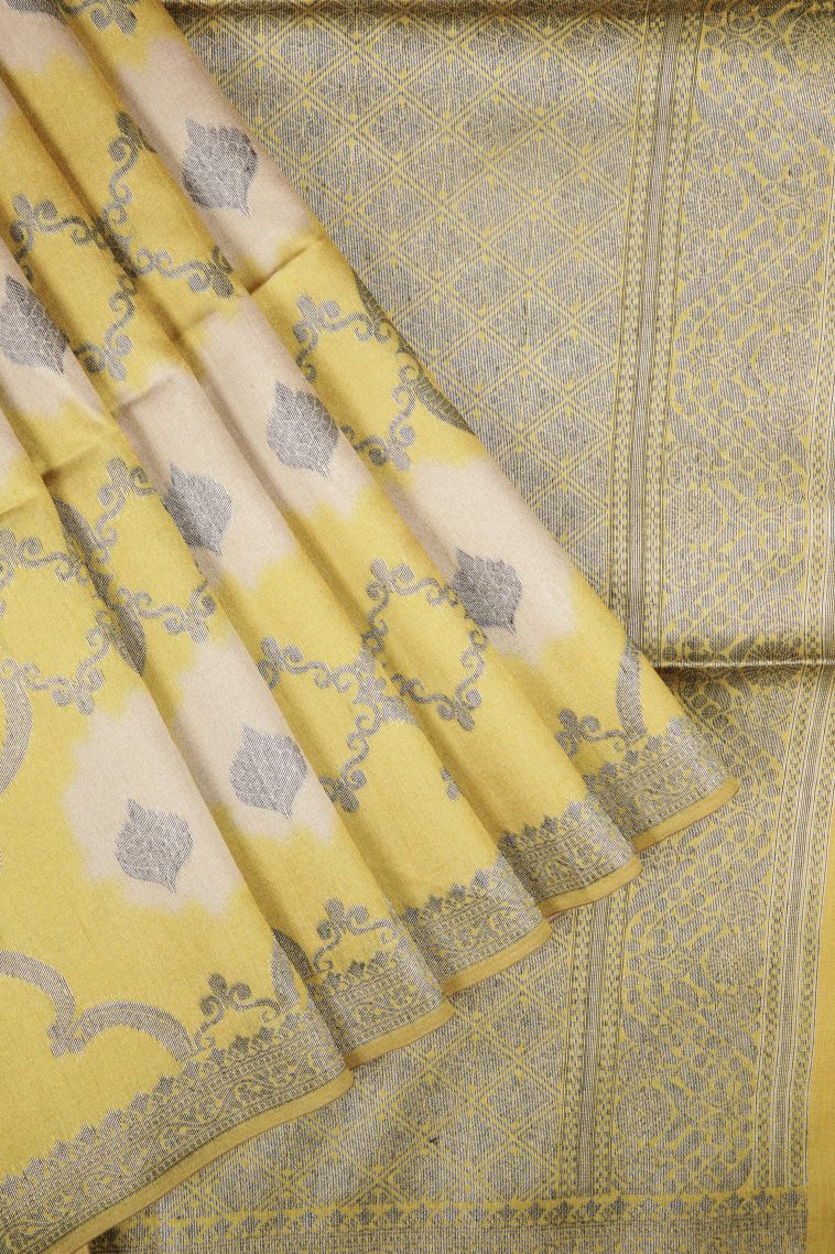 Gold Tussar Saree with Bronze Zari Floral Patterns view 1