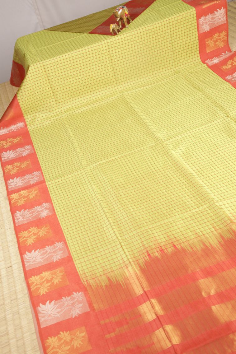 Lime Green Tussar Saree with Without Zari Zari Checks view 2