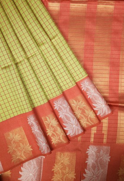 Lime Green Tussar Saree with Without Zari Zari Checks