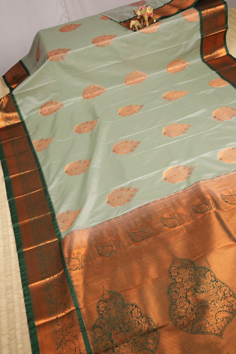 Sapphire Blue Visiri Madippu Silk Sarees with Copper Zari Buttis (small Dots Or Motifs) view 2