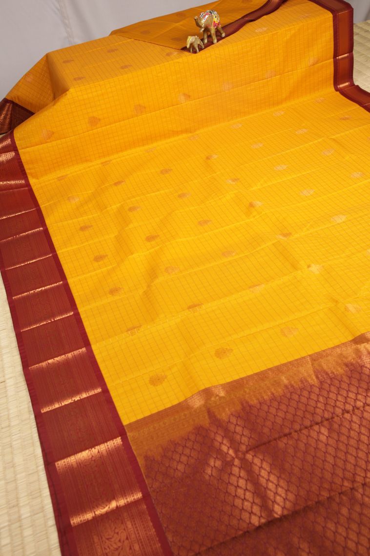 Lemon Yellow Visiri Madippu Silk Sarees with Copper Zari Checks view 2