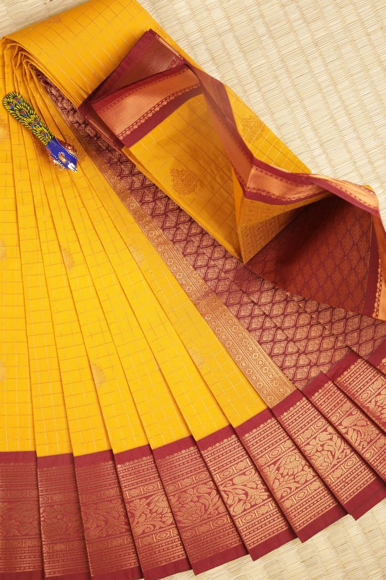 Lemon Yellow Visiri Madippu Silk Sarees with Copper Zari Checks view 1