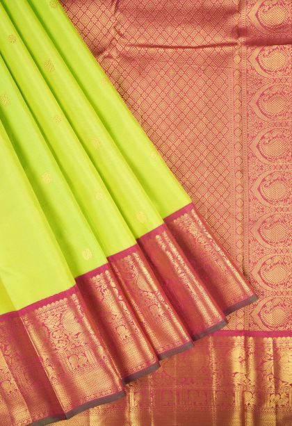 Chartreuse Green Kanchipuram Silk Sarees with Gold Zari Buttis (small Dots Or Motifs)