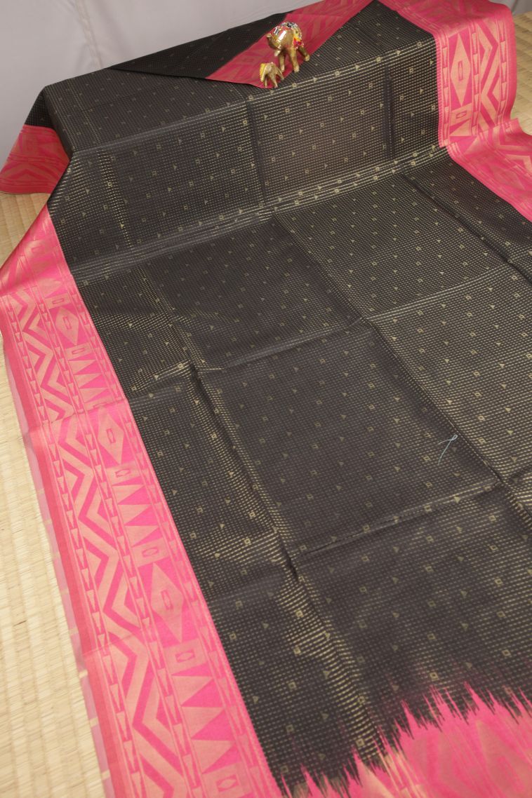 Asphalt Black Tussar Saree with Gold Zari Stripes view 2