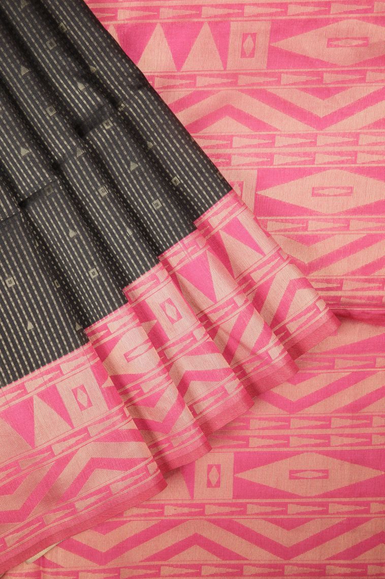 Asphalt Black Tussar Saree with Gold Zari Stripes view 1