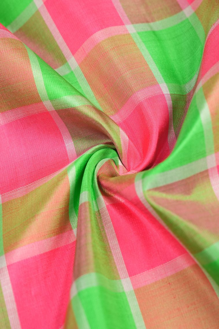 Lime Green Kanchipuram Silk Sarees with Gold Zari Checks view 4