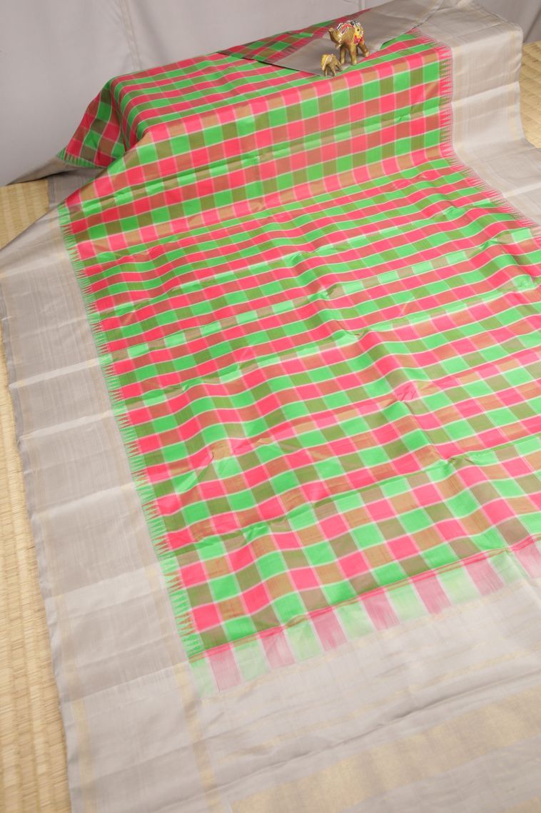 Lime Green Kanchipuram Silk Sarees with Gold Zari Checks view 2