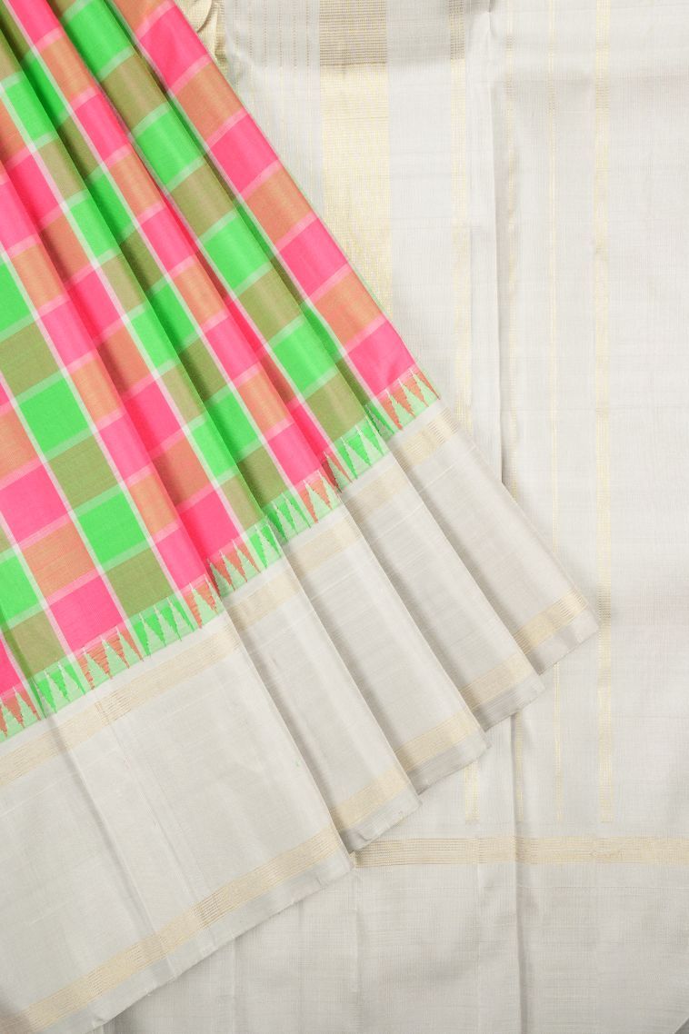 Lime Green Kanchipuram Silk Sarees with Gold Zari Checks view 1
