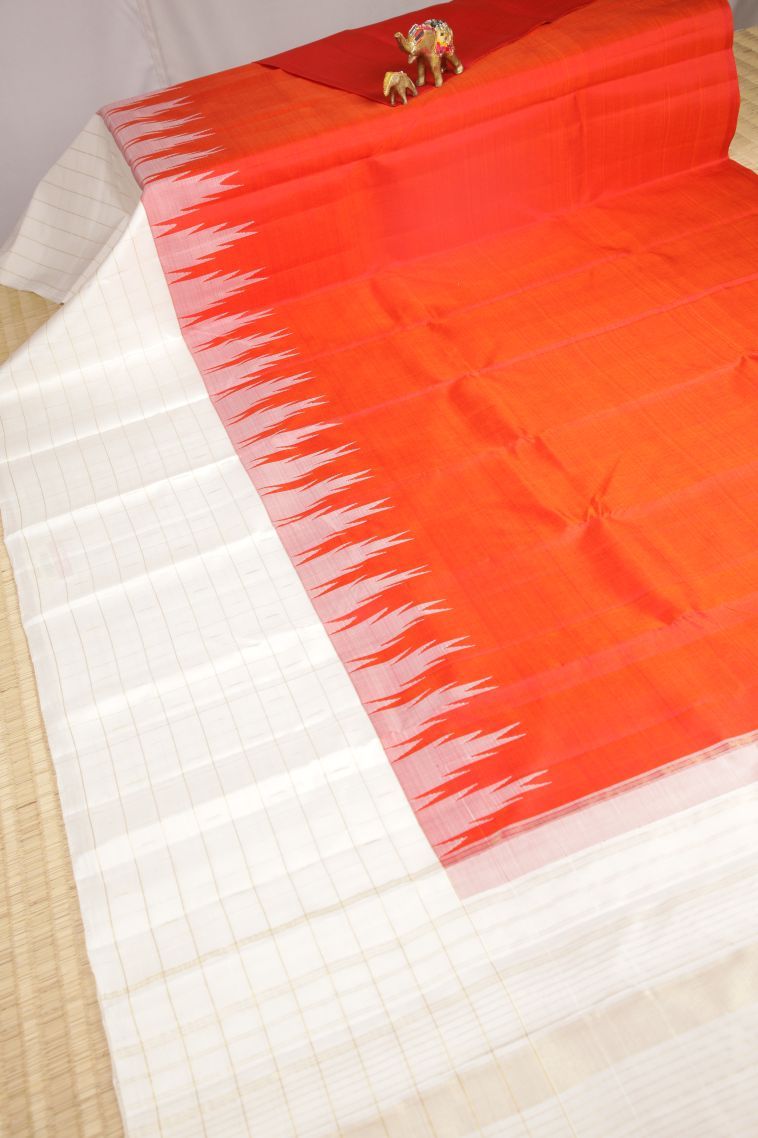 Tiger Orange Kanchipuram Silk Sarees with Gold Zari Plain view 2