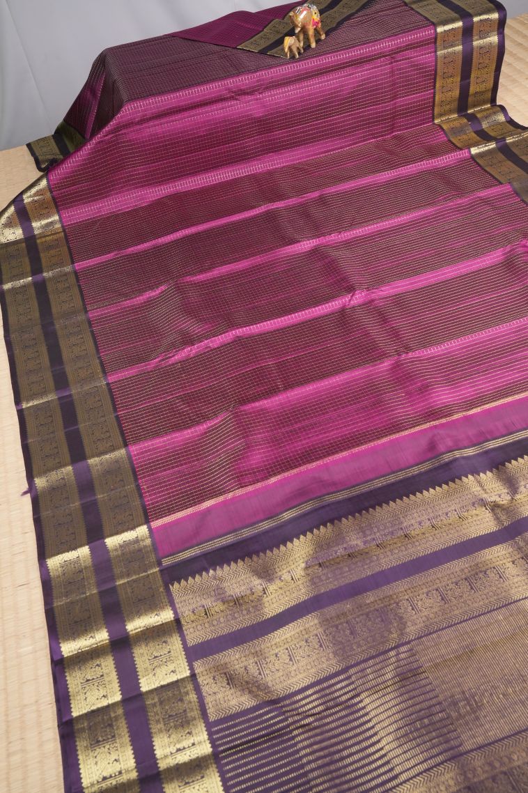 Magenta Purple Kanchipuram Silk Sarees with Gold Zari Checks view 2