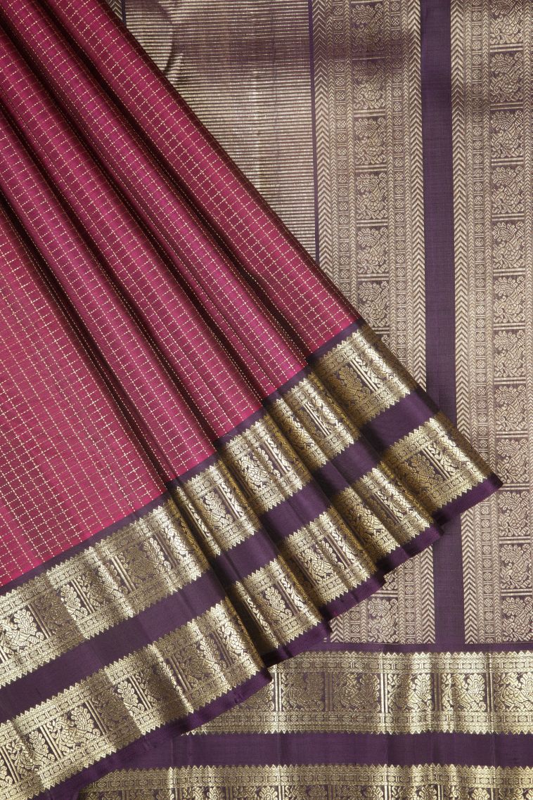 Magenta Purple Kanchipuram Silk Sarees with Gold Zari Checks view 1
