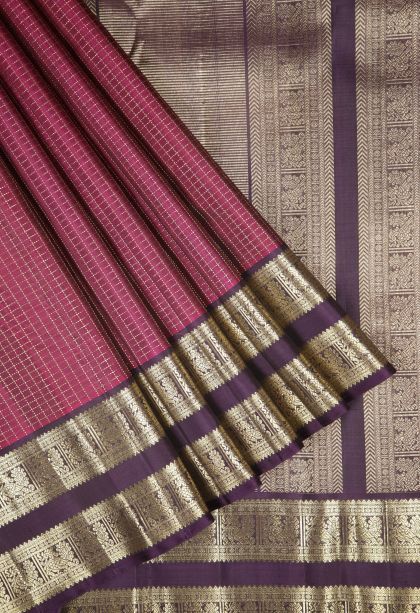 Magenta Purple Kanchipuram Silk Sarees with Gold Zari Checks