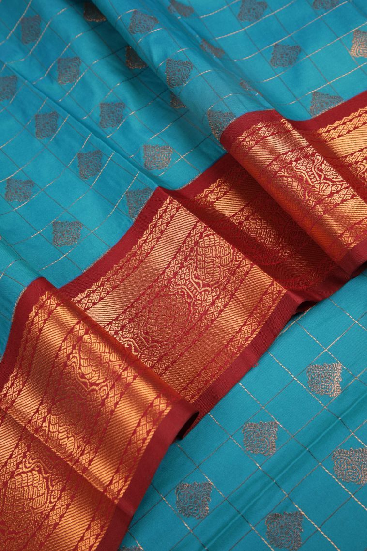 Cerulean Blue Visiri Madippu Silk Sarees with Copper Zari Checks view 4