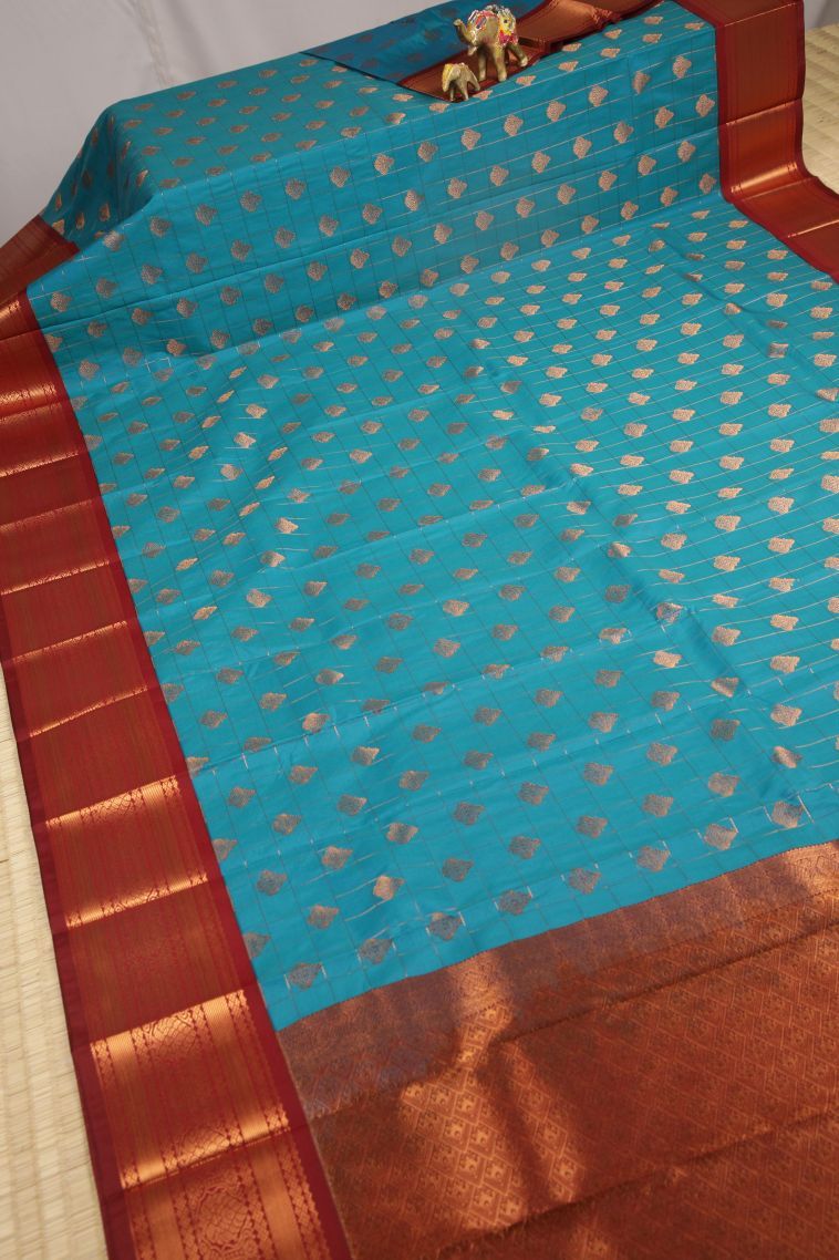 Cerulean Blue Visiri Madippu Silk Sarees with Copper Zari Checks view 2