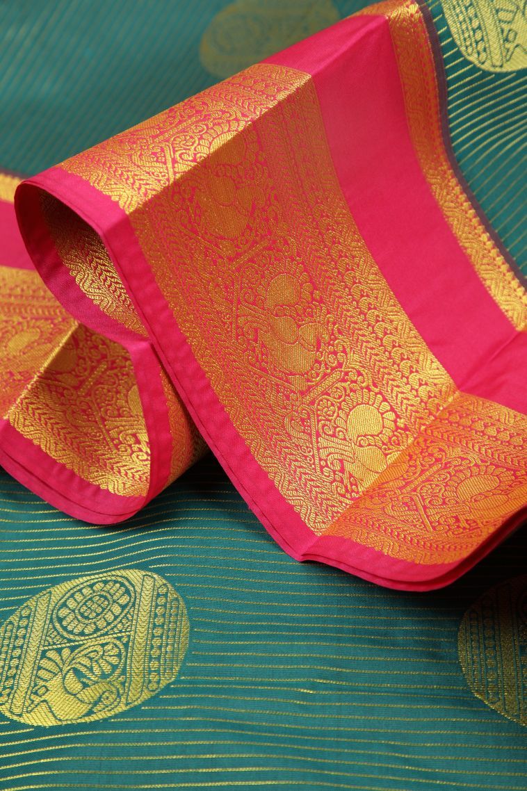 Cerulean Blue Visiri Madippu Silk Sarees with Gold Zari Stripes view 4