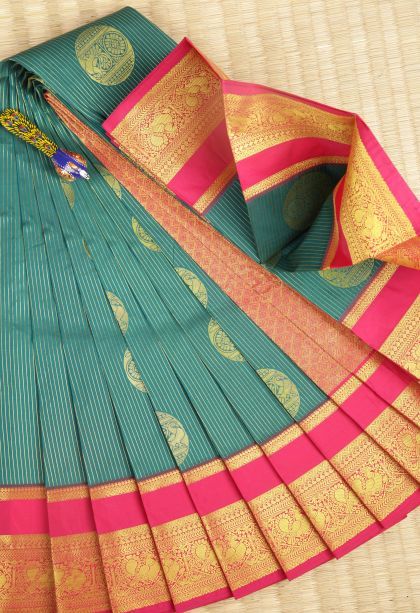 Cerulean Blue Visiri Madippu Silk Sarees with Gold Zari Stripes