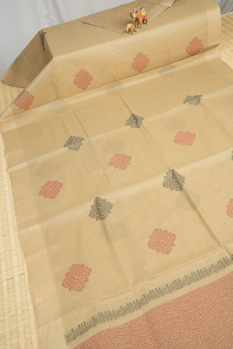 Cream White Kovai Cotton Sarees with Without Zari Zari Buttis (small Dots Or Motifs) view 2