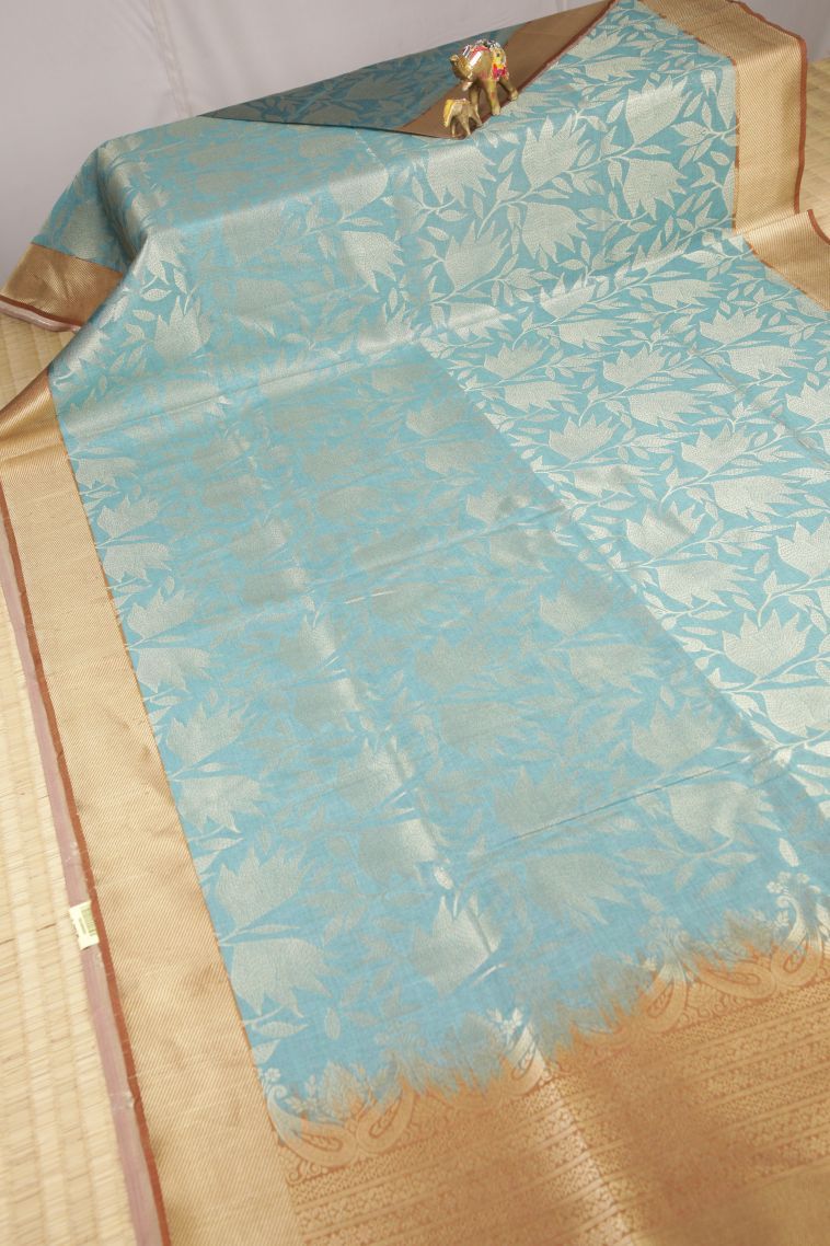 Sky Blue Tussar Saree with Gold Zari Floral Patterns view 2