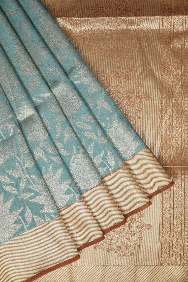 Sky Blue Tussar Saree with Gold Zari Floral Patterns view 1