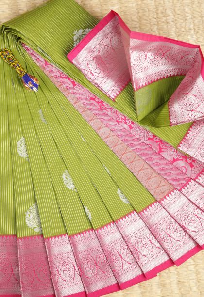 Lime Green Visiri Madippu Silk Sarees with Silver Zari Stripes