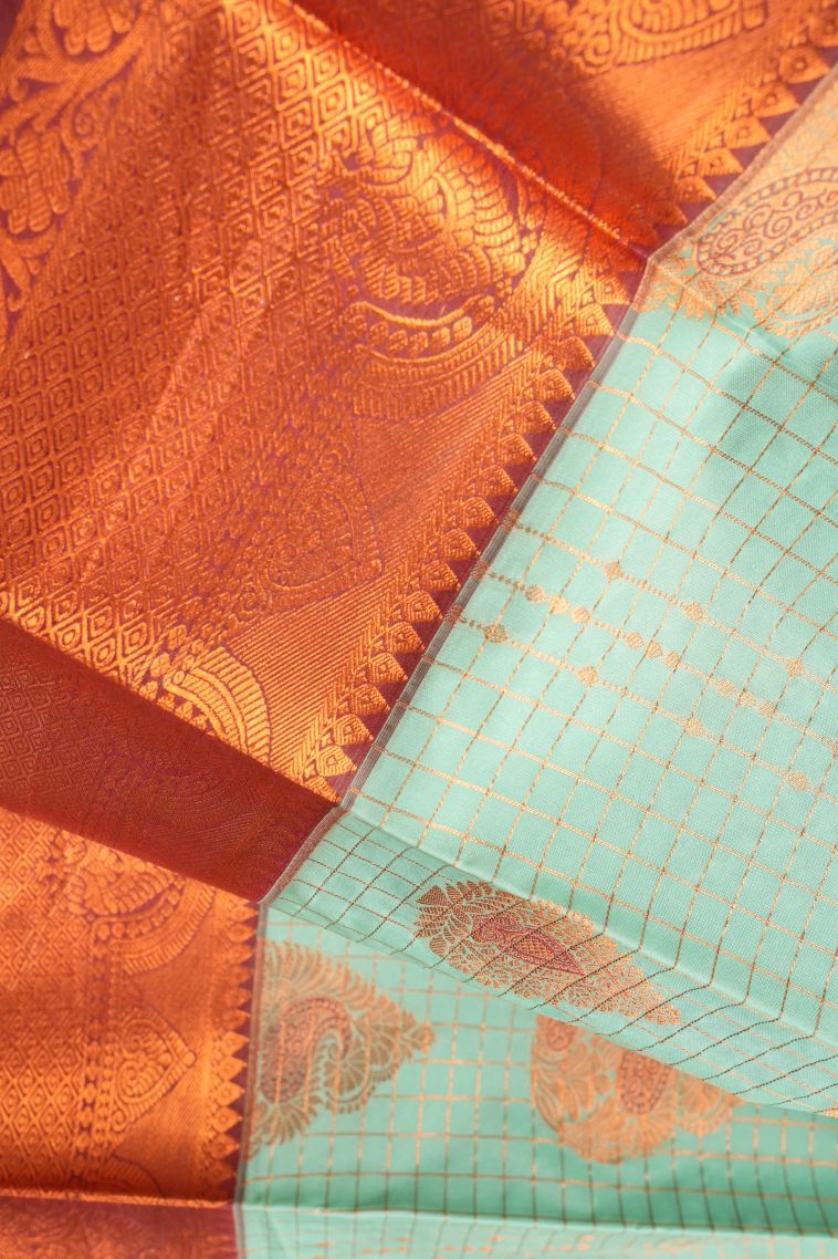 Arctic Blue Visiri Madippu Silk Sarees with Copper Zari Checks view 4
