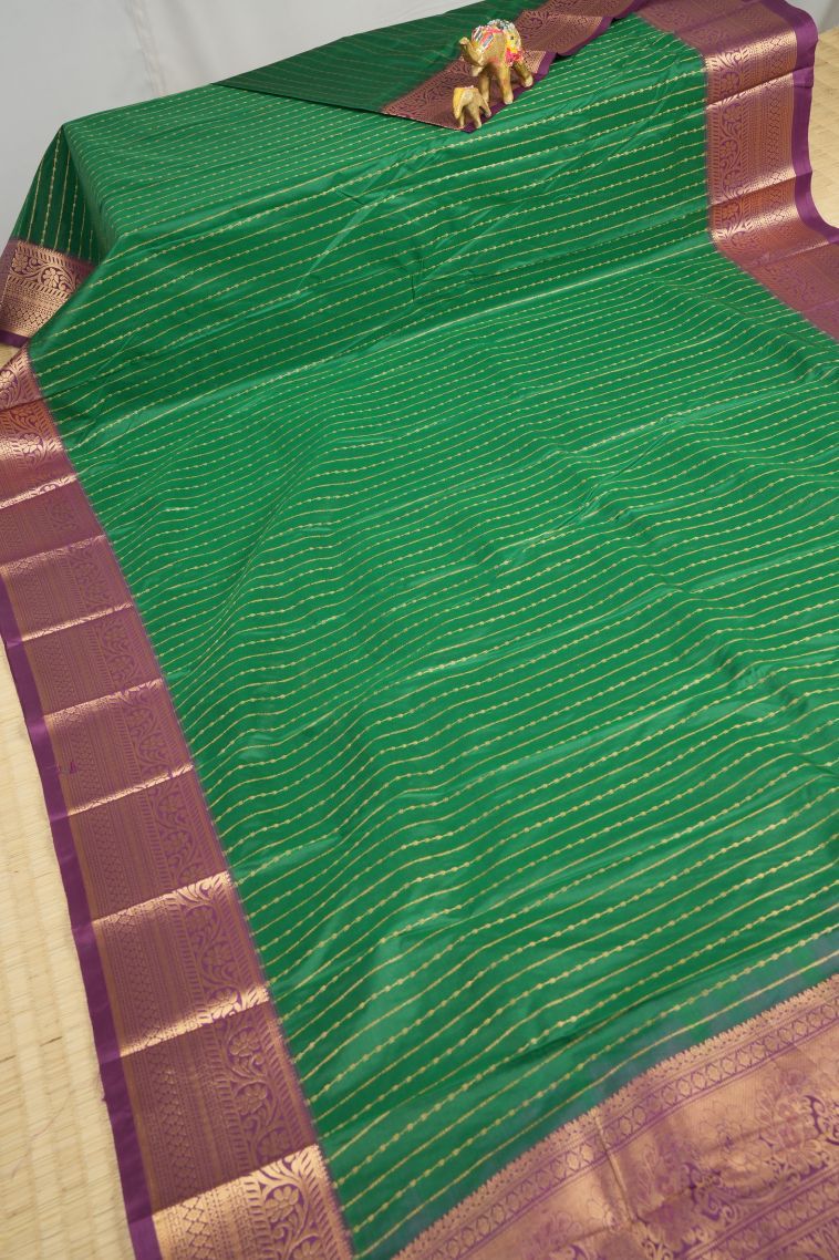 Pine Green Visiri Madippu Silk Sarees with Copper Zari Stripes view 2