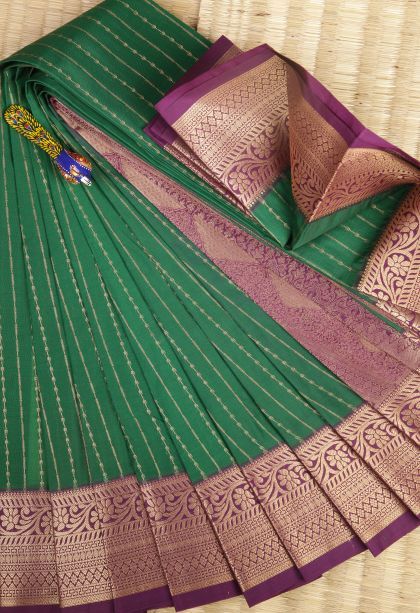 Pine Green Visiri Madippu Silk Sarees with Copper Zari Stripes