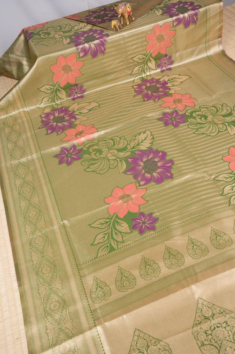 Moccon Green Tissue Silk Sarees with Copper Zari Floral Patterns view 2