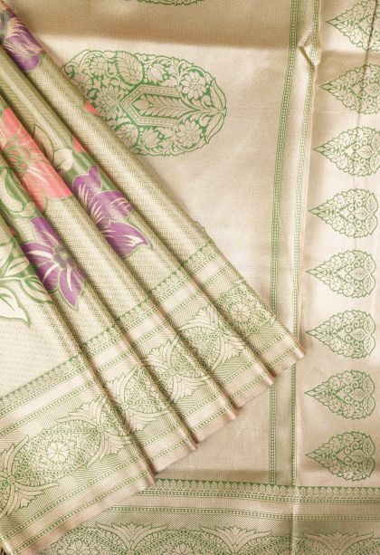 Moccon Green Tissue Silk Sarees with Copper Zari Floral Patterns