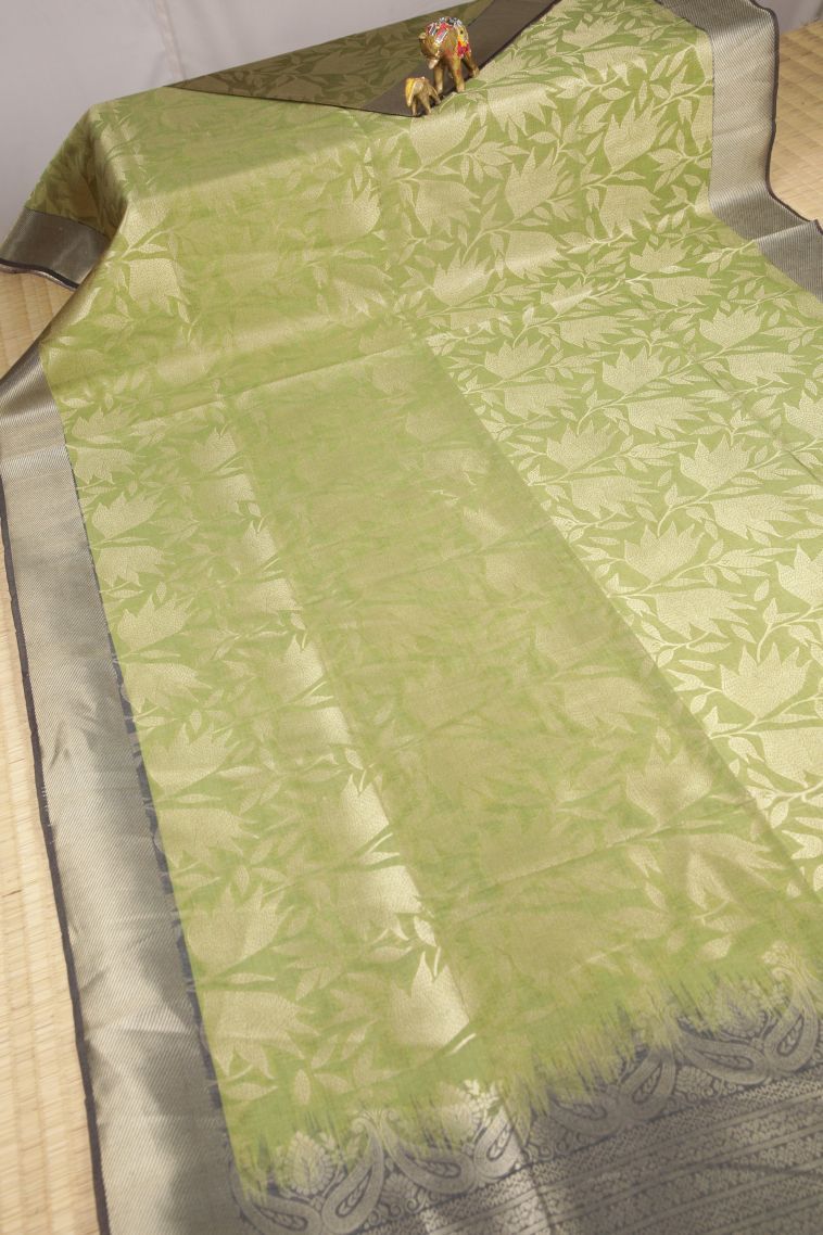 Olive Green Tussar Saree with Gold Zari Floral Patterns view 2