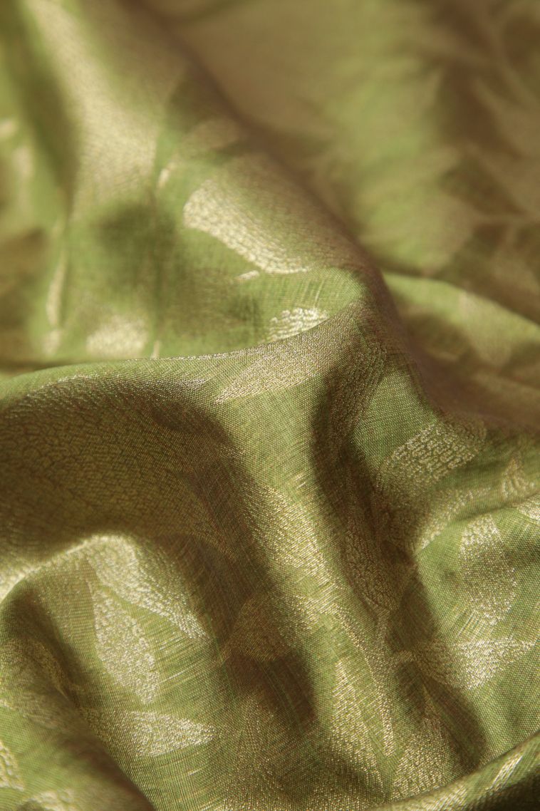 Olive Green Tussar Saree with Gold Zari Floral Patterns view 4