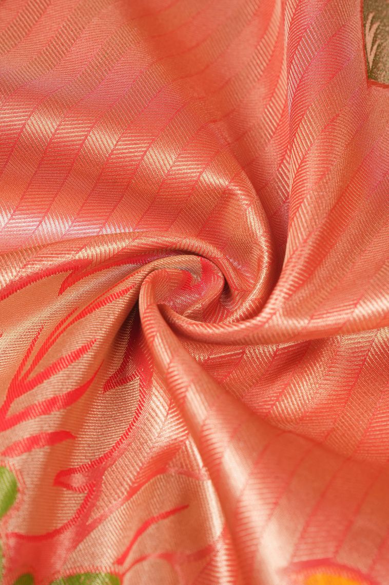 Tiger Orange Tissue Silk Sarees with Copper Zari Floral Patterns view 4
