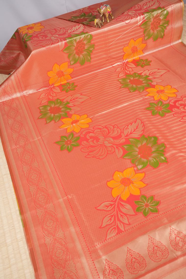 Tiger Orange Tissue Silk Sarees with Copper Zari Floral Patterns view 2