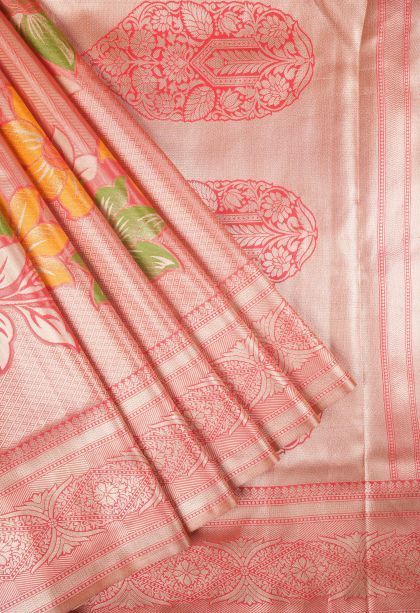 Tiger Orange Tissue Silk Sarees with Copper Zari Floral Patterns