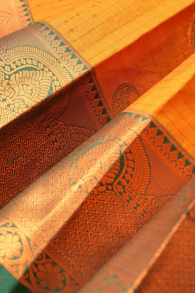 Merigold Orange Visiri Madippu Silk Sarees with Copper Zari Checks view 4