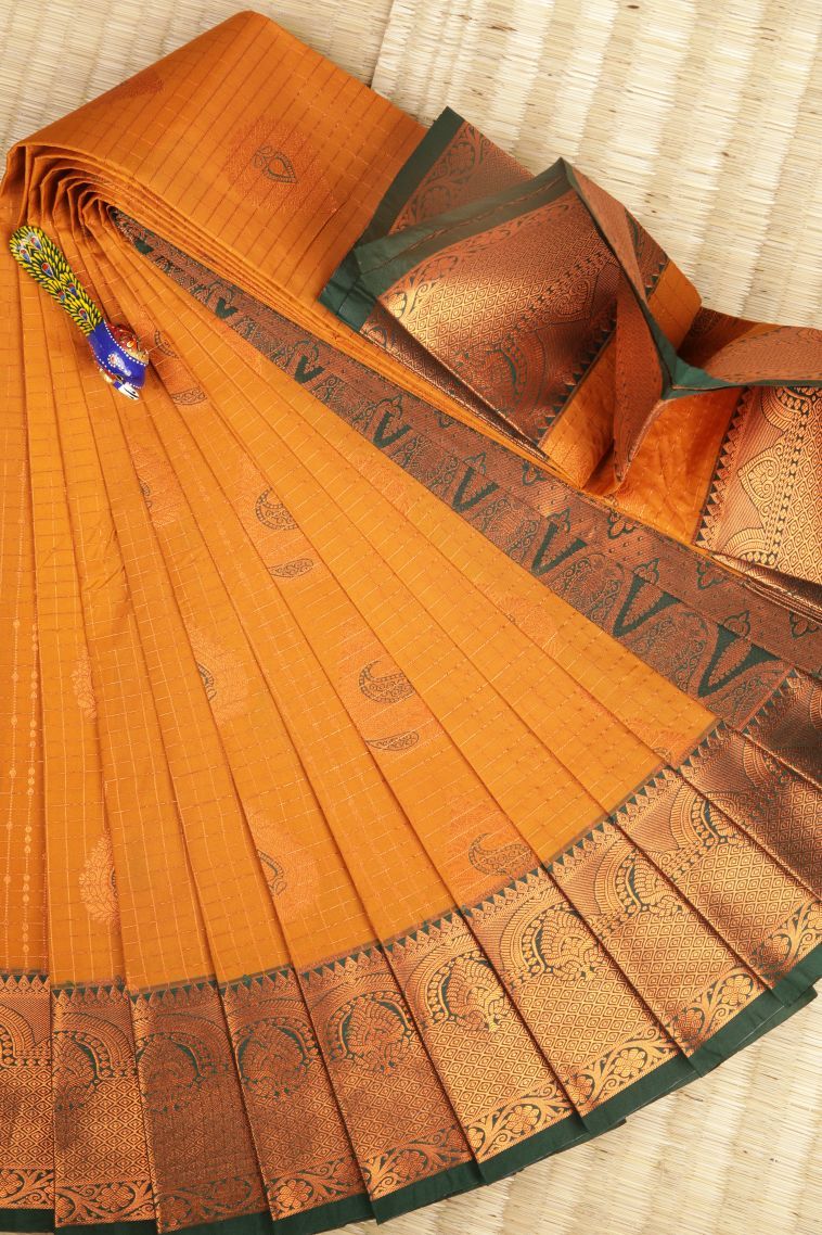Merigold Orange Visiri Madippu Silk Sarees with Copper Zari Checks view 1