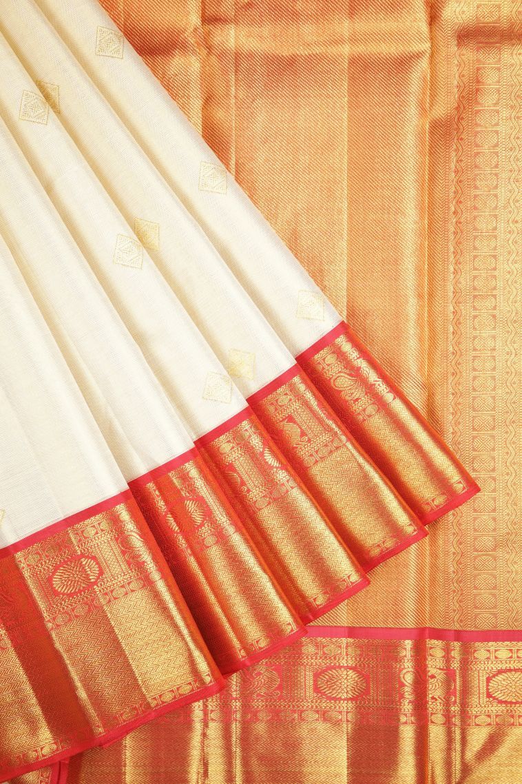Cream White Kanchipuram Silk Sarees with Gold Zari Buttis (small Dots Or Motifs) view 1