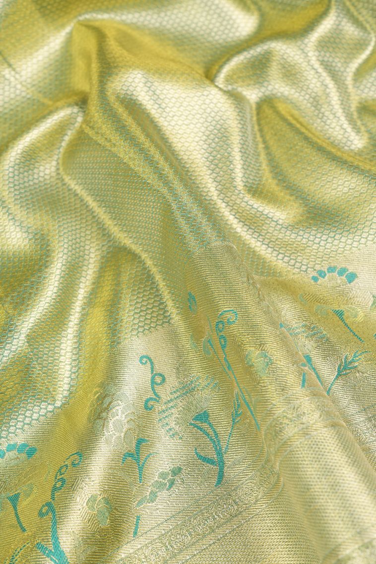 Lemon Yellow Tissue Silk Sarees with Copper Zari Floral Patterns view 3