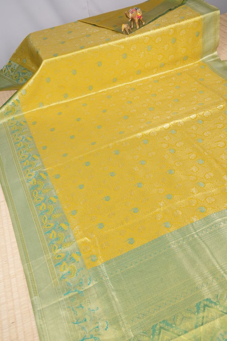 Lemon Yellow Tissue Silk Sarees with Copper Zari Floral Patterns view 2