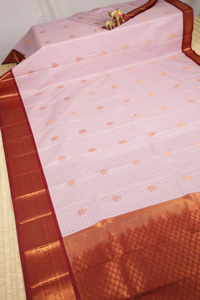 Lavender Purple Visiri Madippu Silk Sarees with Copper Zari Checks view 2