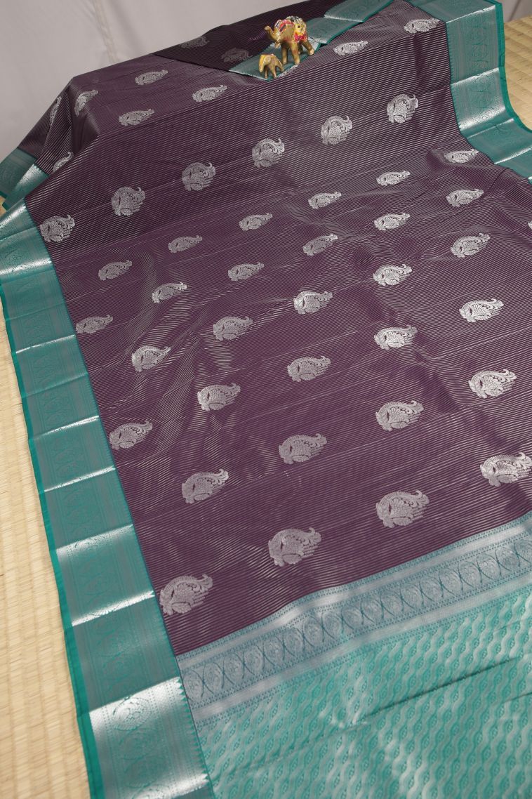 Mulberry Purple Visiri Madippu Silk Sarees with Silver Zari Stripes view 2