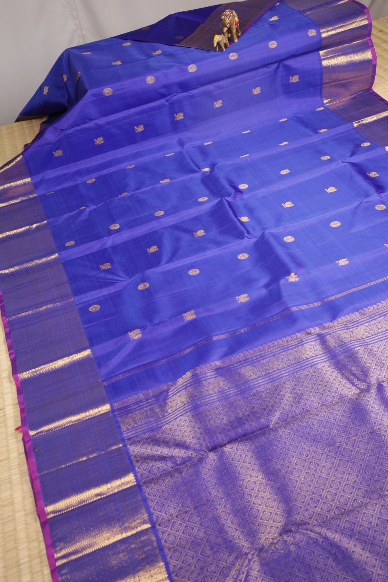 Azure Blue Kanchipuram Silk Sarees with Gold Zari Buttis (small Dots Or Motifs) view 2