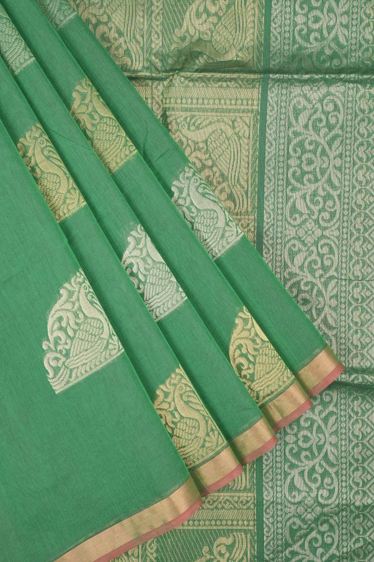 Basil Green Kovai Cotton Sarees with Without Zari Zari Buttis (small Dots Or Motifs) view 1