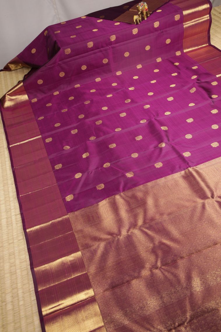 Magenta Purple Kanchipuram Silk Sarees with Gold Zari Buttis (small Dots Or Motifs) view 2