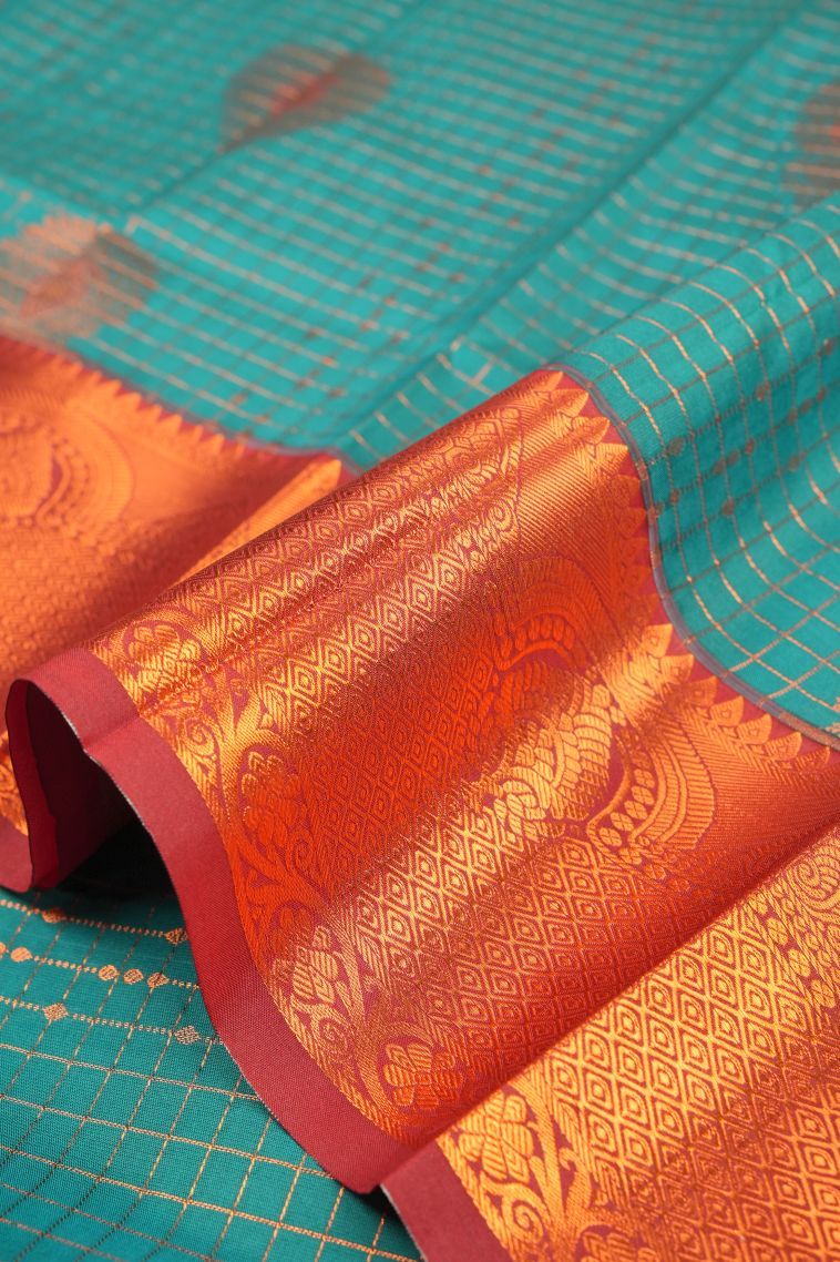 Cerulean Blue Visiri Madippu Silk Sarees with Copper Zari Checks view 4