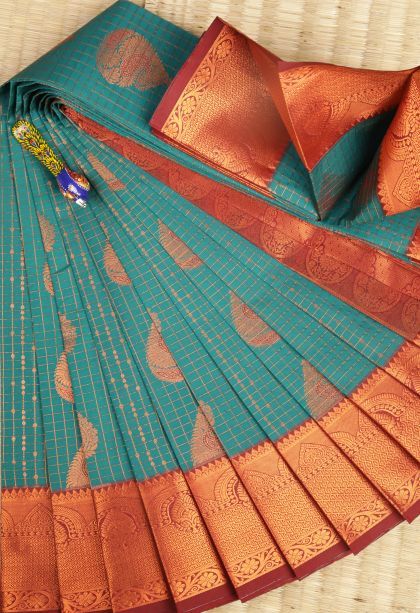 Cerulean Blue Visiri Madippu Silk Sarees with Copper Zari Checks