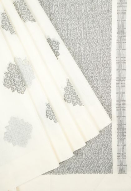 Porcelain White Kovai Cotton Sarees with Without Zari Zari Buttis (small Dots Or Motifs)
