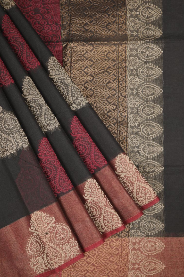 Charcoal Black Kovai Cotton Sarees with Without Zari Zari Buttis (small Dots Or Motifs) view 1